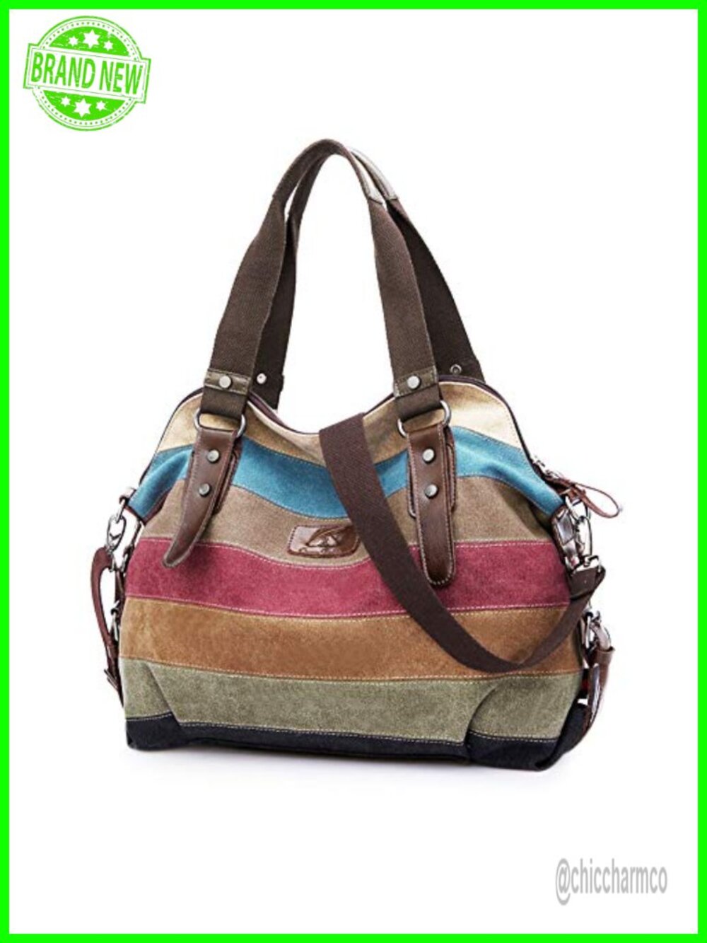 Cotton Canvas Crossbody Shoulder Bag Striped Lattice Purse Tote